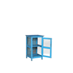 Vitrina de madera azul con estantes y puerta abierta con panel transparente