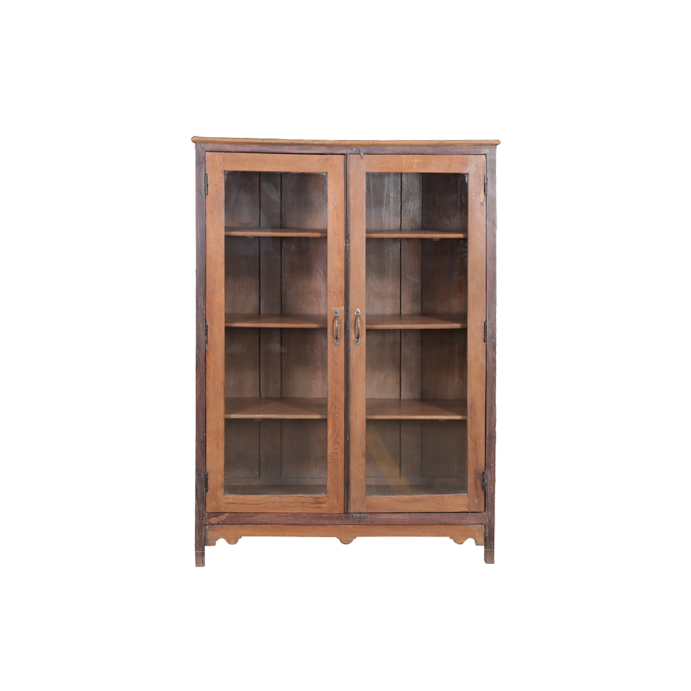 Vitrina de madera de teca con puertas de vidrio y estantes interiores