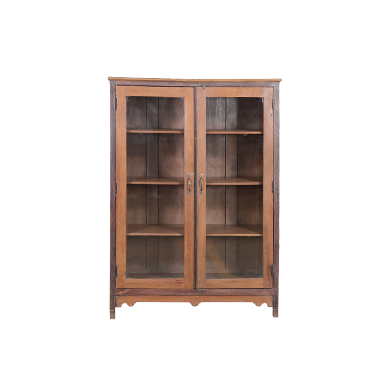 Vitrina de madera de teca con puertas de vidrio y estantes interiores
