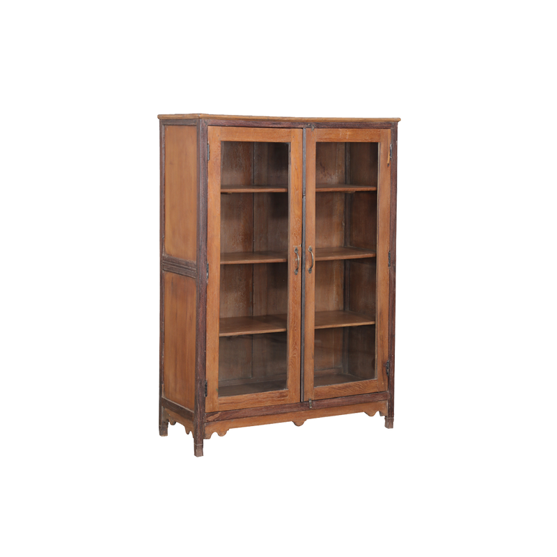 Vitrina de madera de teca con dos puertas de vidrio y estantes interiores