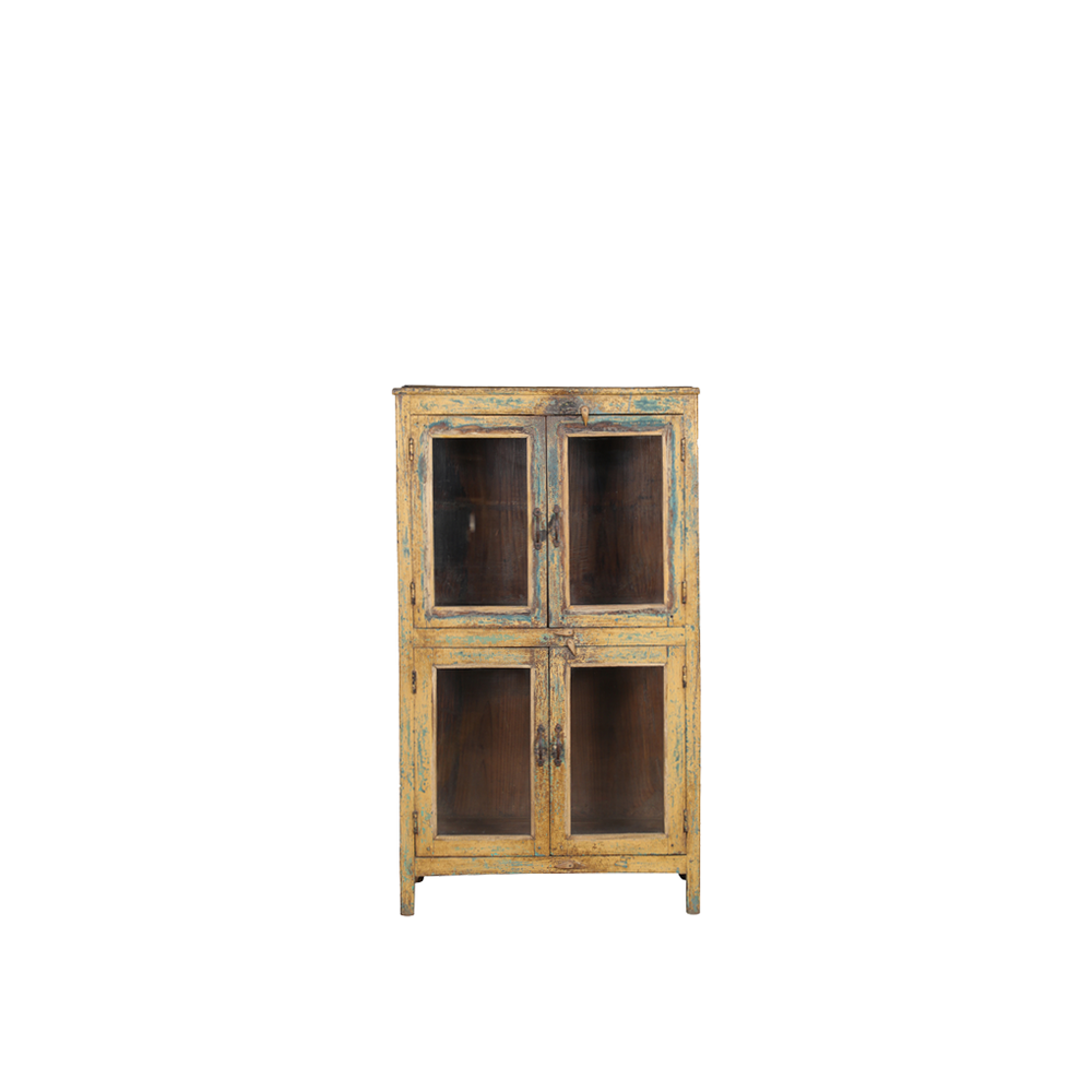 Vitrina de madera azul envejecida con 4 puertas de cristal e interior oscuro