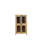 Vitrina de madera azul envejecida con 4 puertas de cristal e interior oscuro