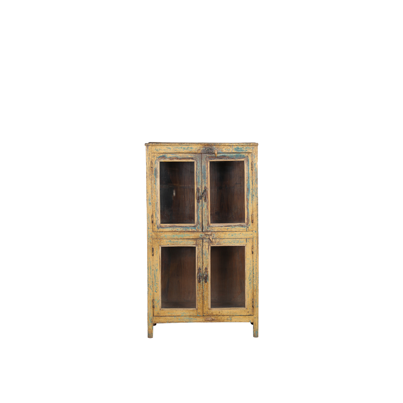 Vitrina de madera azul envejecida con 4 puertas de cristal e interior oscuro