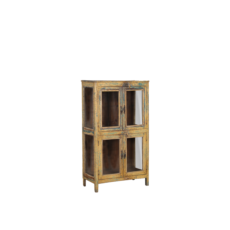 Vitrina de madera azul envejecida con puertas de cristal, vista lateral y interior oscuro