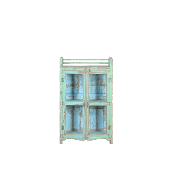 Vitrina de madera azul envejecido con puertas y estantes interiores