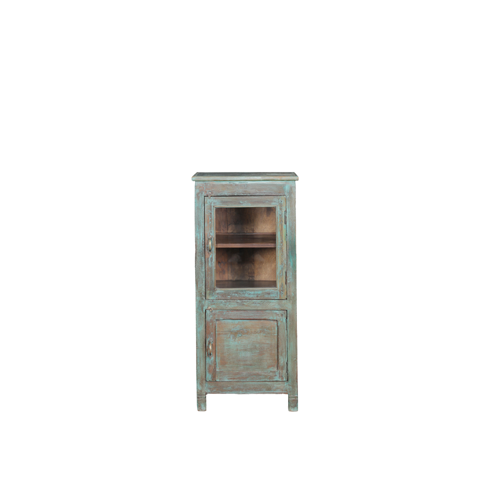 Vitrina de madera con cristal azul envejecido y estantes interiores