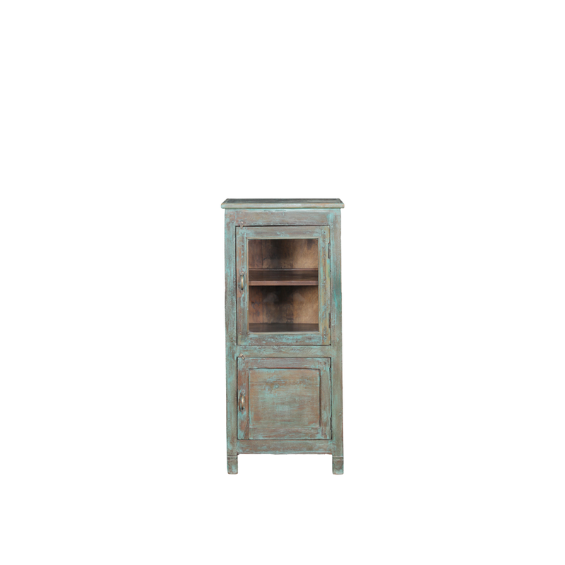 Vitrina de madera con cristal azul envejecido y estantes interiores
