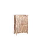 Armario de teca de 2 puertas, pintura desgastada y patas bajas.