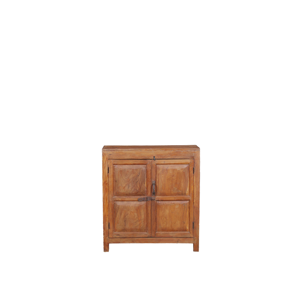 Aparador de madera de teca con 2 puertas y tiradores metálicos, color miel