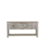 Consola de madera con 3 cajones, acabado envejecido gris y detalles decorativos