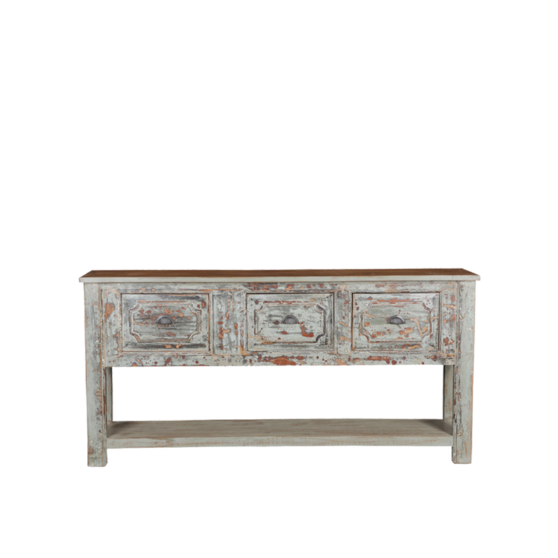 Consola de madera con 3 cajones, acabado envejecido gris y detalles decorativos