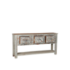 Consola de madera con 3 cajones, base abierta y acabado envejecido