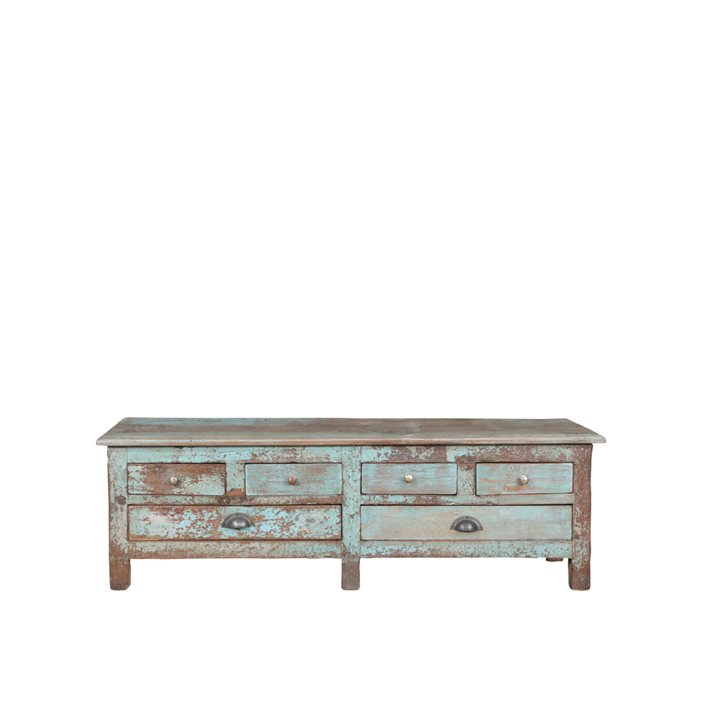 Cómoda de madera teca con 6 cajones color turquesa desgastado y tiradores metálicos