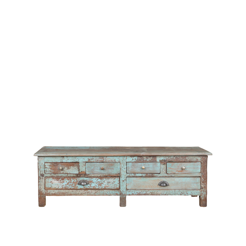 Cómoda de madera teca con 6 cajones color turquesa desgastado y tiradores metálicos
