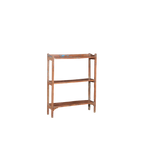 Librería de madera de teca marrón de tres niveles, estantes abiertos, vista lateral