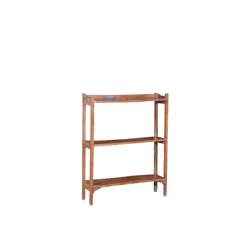 Librería de madera de teca marrón de tres niveles, estantes abiertos, vista lateral