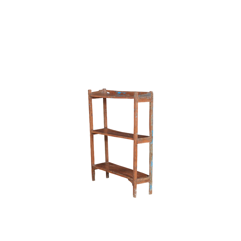 Librería de madera de teca marrón con tres estantes abiertos, vista en ángulo