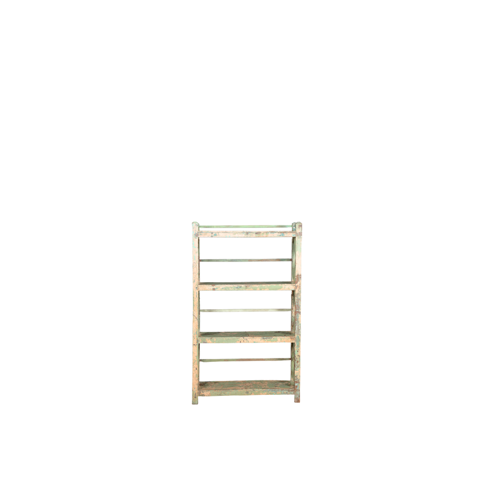 Librería abierta de madera de teca con 4 estantes y diseño de travesaños
