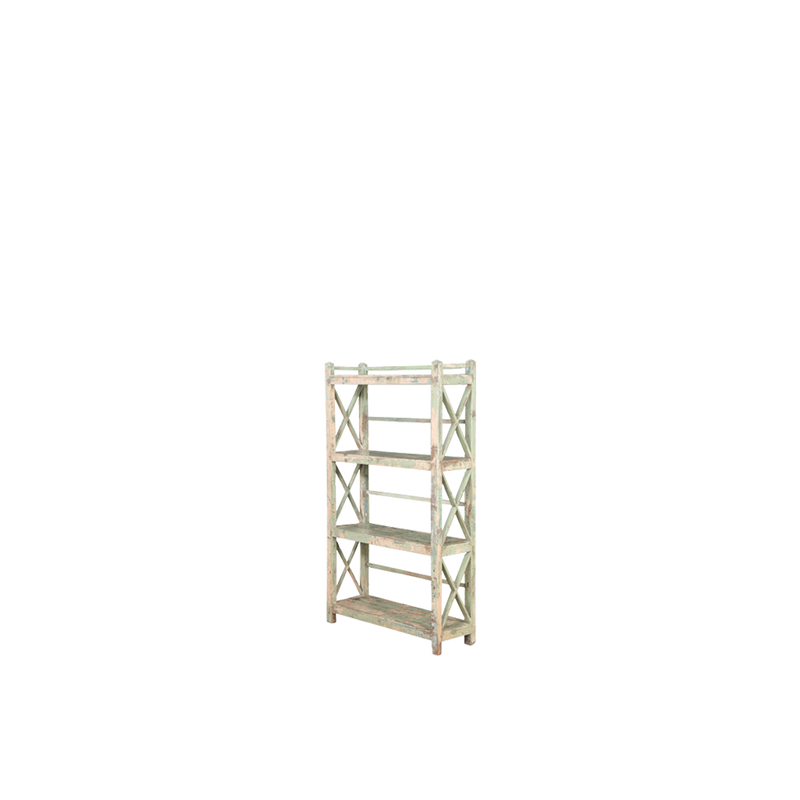 Librería abierta de madera teca con 4 estantes y estructura con cruces