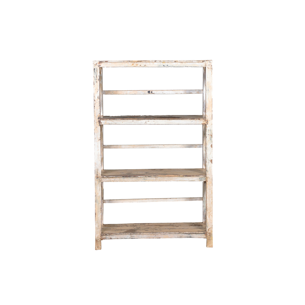 Librería abierta de madera clara con 4 estantes y marco rectangular