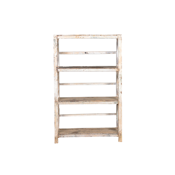 Librería abierta de madera clara con 4 estantes y marco rectangular