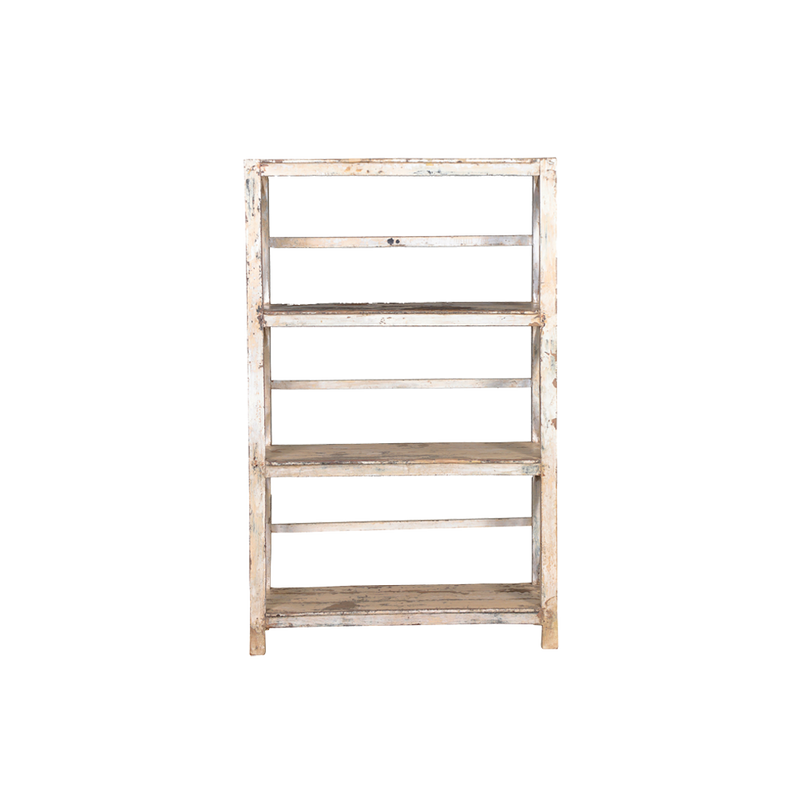 Librería abierta de madera clara con 4 estantes y marco rectangular