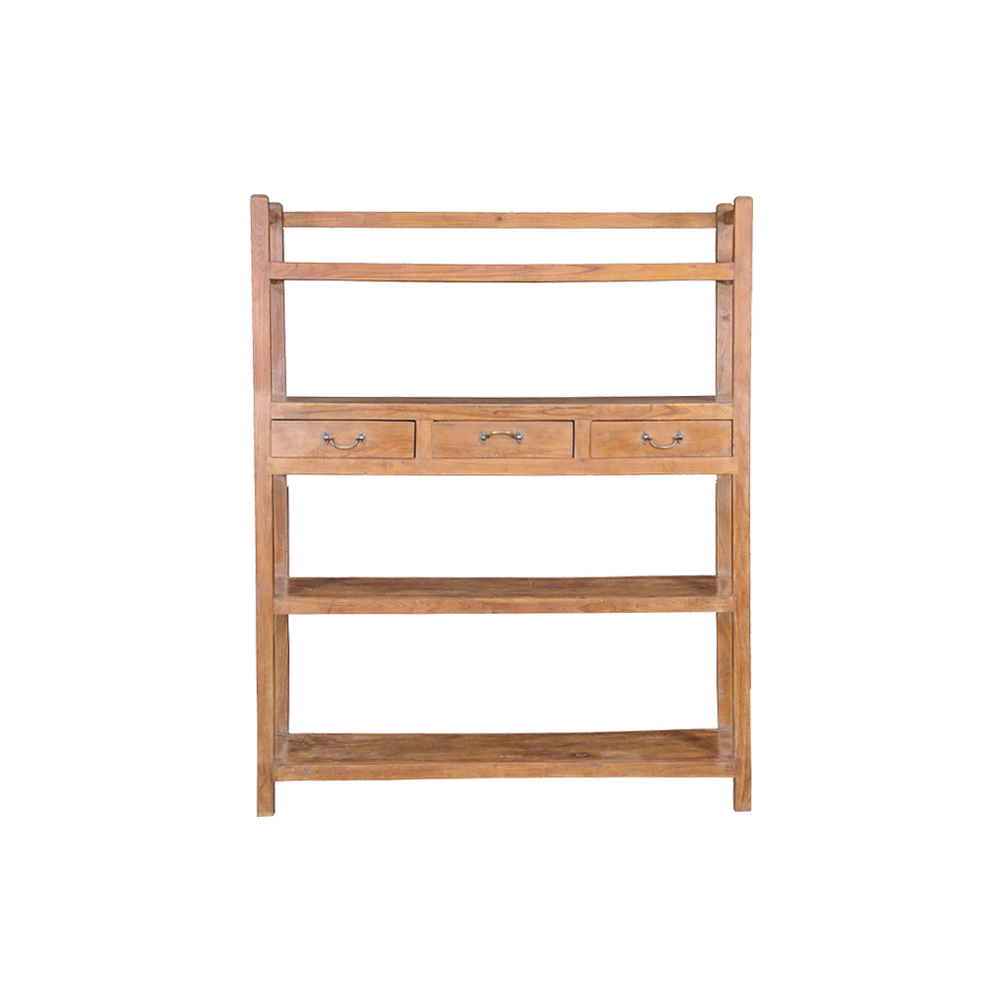 Librería de madera de teca con 3 estantes y 3 cajones inferiores con tiradores