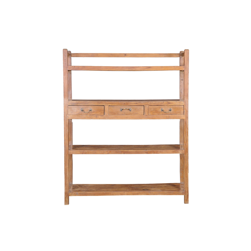 Librería de madera de teca con 3 estantes y 3 cajones inferiores con tiradores