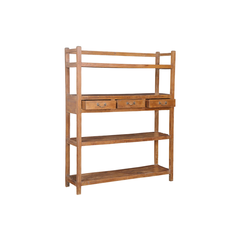 Librería de madera de teca con 3 estantes y 3 cajones con tiradores, vista lateral