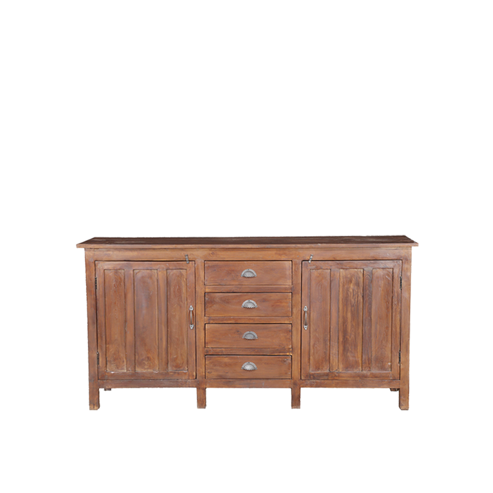Aparador de madera de teca con 2 puertas laterales, 4 cajones y tiradores metálicos.