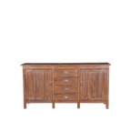Aparador de madera de teca con 2 puertas laterales, 4 cajones y tiradores metálicos.