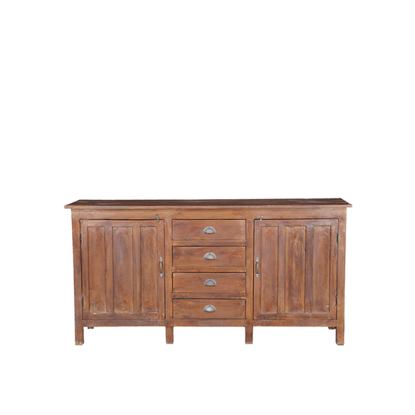 Aparador de madera de teca con 2 puertas laterales, 4 cajones y tiradores metálicos.