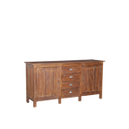 Aparador de madera de teca con 2 puertas, 4 cajones apilados y patas de madera.