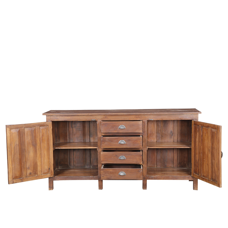 Aparador de madera de teca con puertas abiertas y 4 cajones en el centro.
