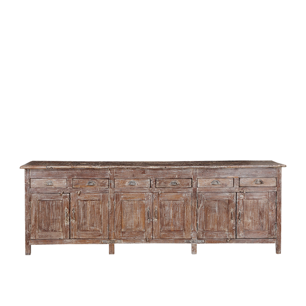 Aparador de madera de teca con puertas y cajones, acabado rústico