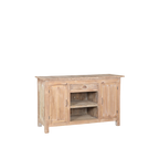 Aparador de madera con puerta abatible izquierda, derecha y repisas abiertas.
