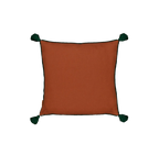 Cojín 60x60 naranja ladrillo liso con borlas verdes en las esquinas