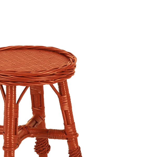 Asiento redondo de taburete de mimbre terracota con tejido de fibras y soporte