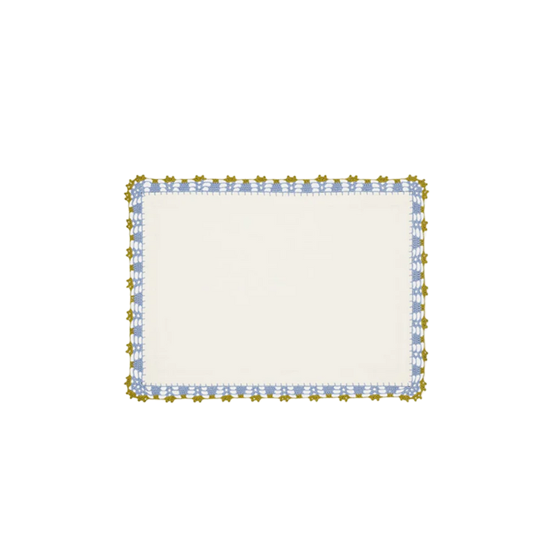 Mantel individual de lino ecru con borde azul claro y ribete dorado