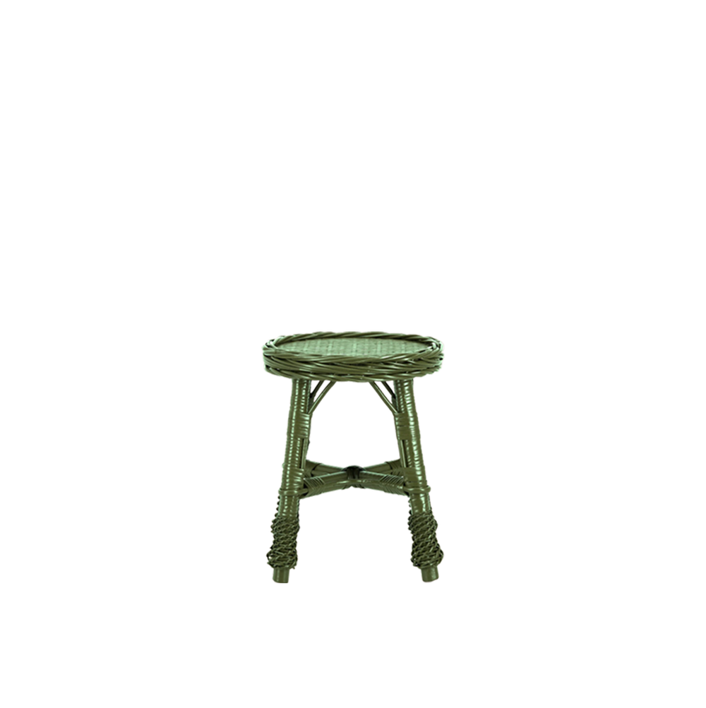 Taburete de mimbre verde con asiento redondo y patas de tubo trenzado