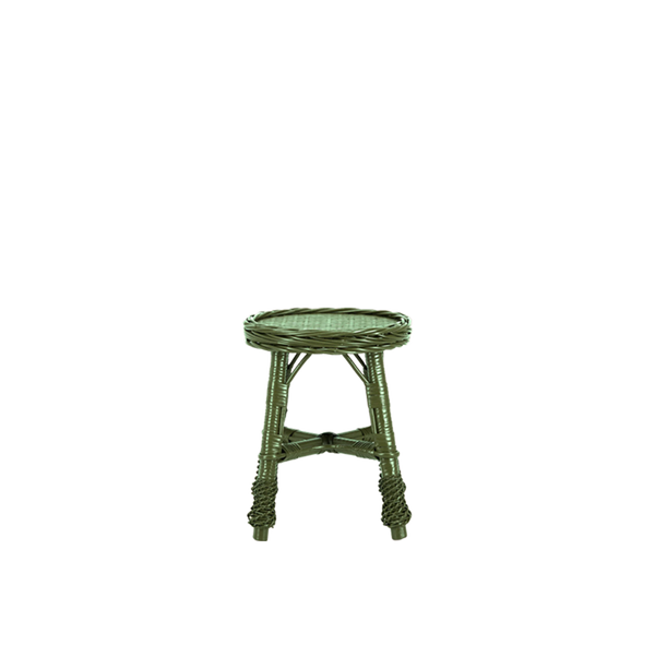 Taburete de mimbre verde con asiento redondo y patas de tubo trenzado