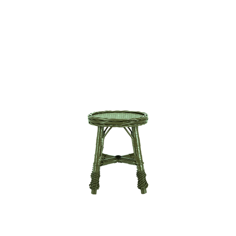Taburete de mimbre verde con asiento redondo y patas de tubo trenzado