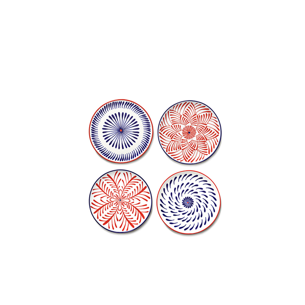 Set de 4 platos desayuno con diseños florales rojo y azul, vista superior