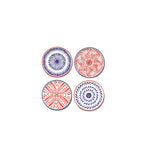Set de 4 platos desayuno con diseños florales rojo y azul, vista superior