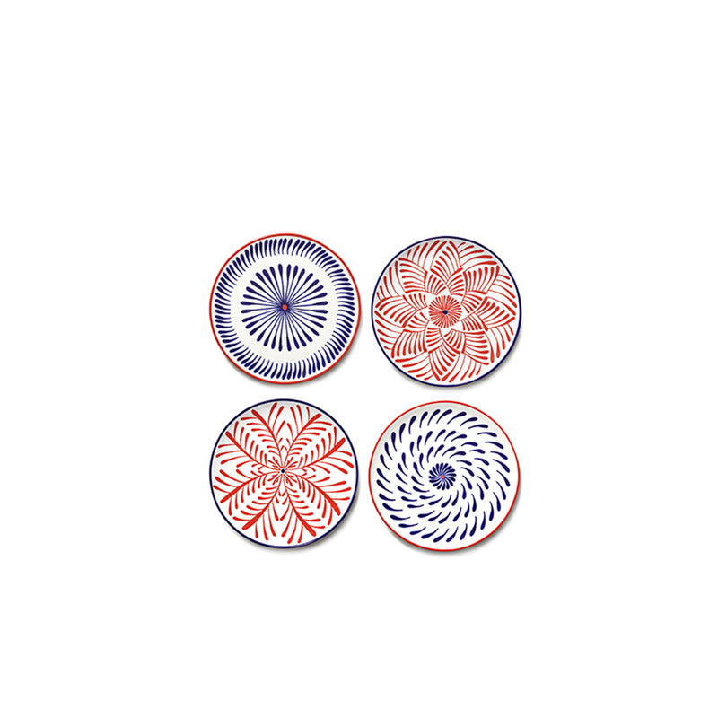 Set de 4 platos desayuno con diseños florales rojo y azul, vista superior