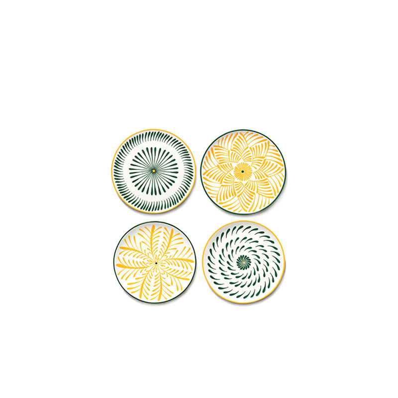 Set de 4 platos de desayuno redondos amarillos y verdes con estampado floral