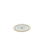 Plato de desayuno ovalado blanco con estampado espiral radial verde y borde naranja