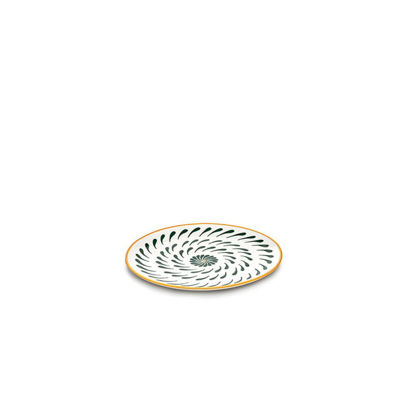 Plato de desayuno ovalado blanco con estampado espiral radial verde y borde naranja