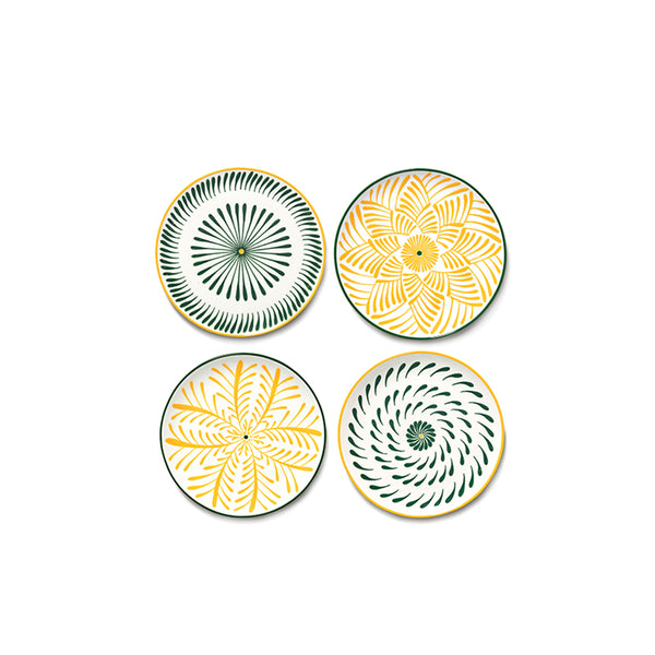 Set de 4 platos llanos estampados florales amarillo-verde, vista superior