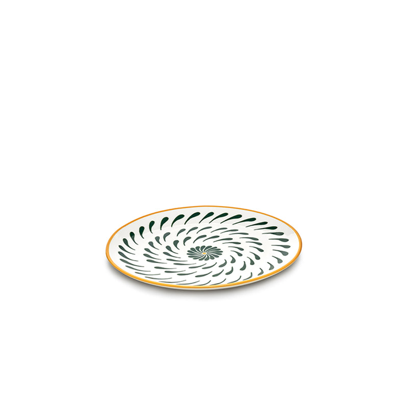 Plato llano ovalado con estampado floral verde, centro verde y borde crema